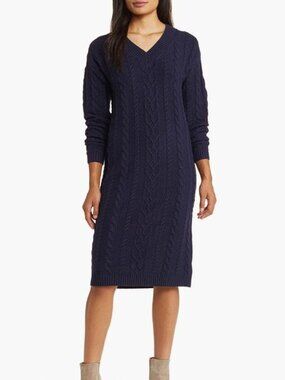 CASLON Women's Long Sleeve Cable Stitch Sweater Dress Size XXS In Navy